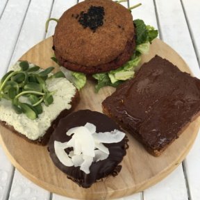 Gluten-free cupcake, burger, and toasts from Seed & Salt